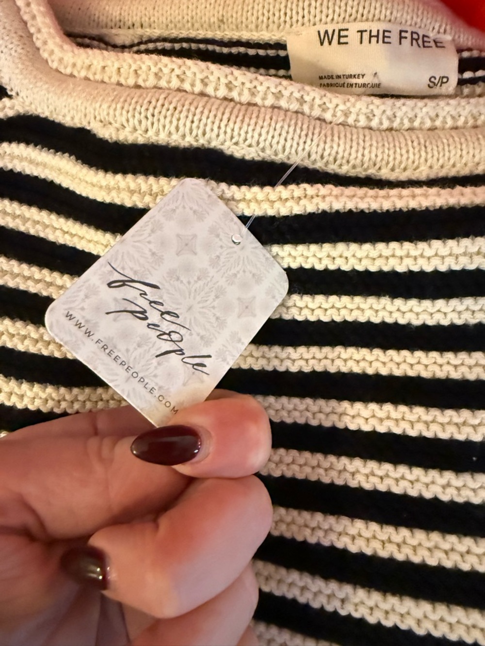Free People Black & Cream Striped Crewneck Sweater with Red Hem - Picture 6 of 8